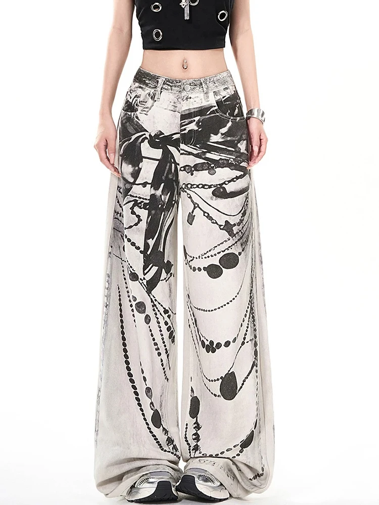 

Y2K Retro Women Printed Wide Leg Jeans American Street Style Summer High Waist Loose Fit Pants with Slimming Straight Leg Design