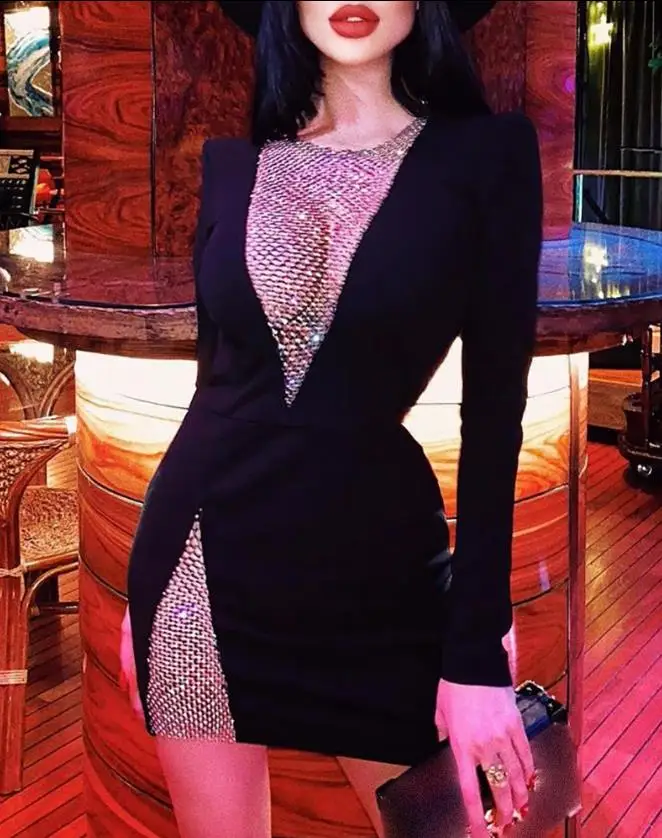 女性の長袖網タイツドレス,タイト,スリム,セクシー,イブニング,ミニ,パーティー,ファッション
