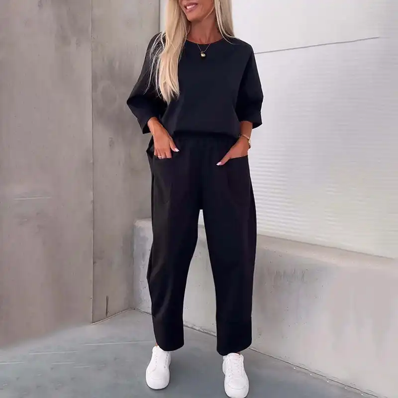 Women 2 Piece Jogger Outfits Casual Tracksuit Loose Short Sleeve Top Wide Leg Pants Lounge Sets With Pocket