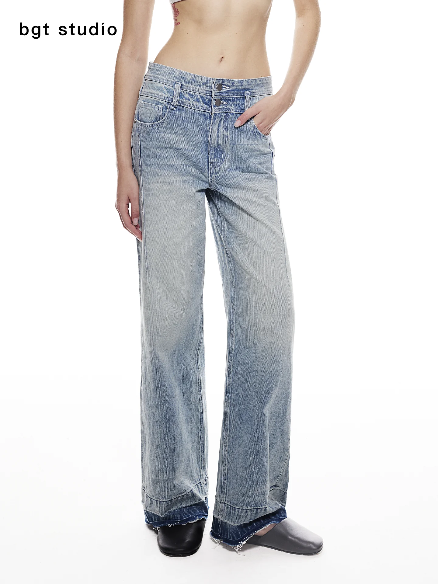 

BGT Vintage Washed Distressed Straight Leg Jeans Women's Spring Autumn Slim Fit Light Blue Denim Pants Natural Waist Button C...