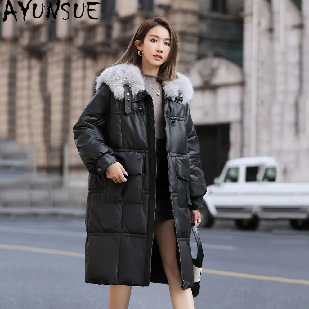 AYUNSUE 本革ダウンジャケットの女性の冬服キツネの毛皮の襟ミッドレングスシープスキンダウンコート女性新 Jaqueta Couro