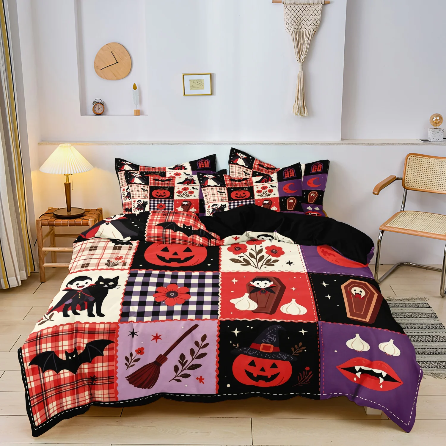 3Pcs Patchwork Print Duvet Cover Set, Color Block Stitched Grid with Vampire Black Cat Broom and Coffin Print Bedding