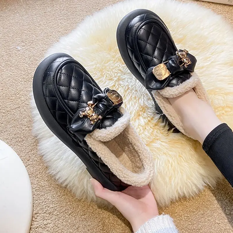 

Ladies Winter Waterproof Fur Moccasins Warm Plush Flats Ladies Beige Black Ballet Shoes Loafers Fur Casual Woma