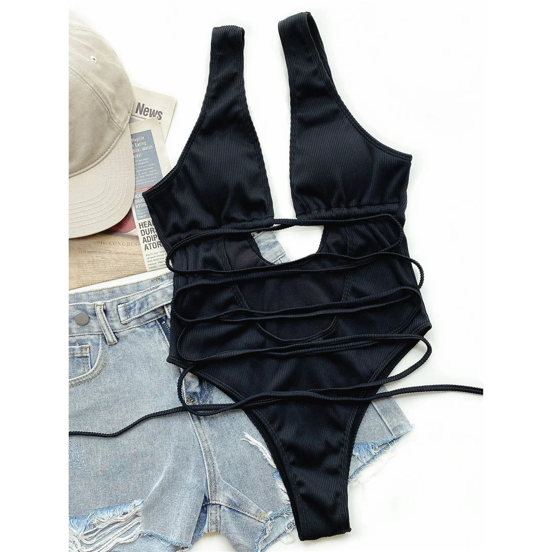 Rückenfreier, gerippter Monokini-Badeanzug mit Wickelriemen, einteiliger Badeanzug für Damen, Badebekleidung mit Ausschnitten im Bauchbereich, Badeanzug für Damen, V3578 – Detail 19