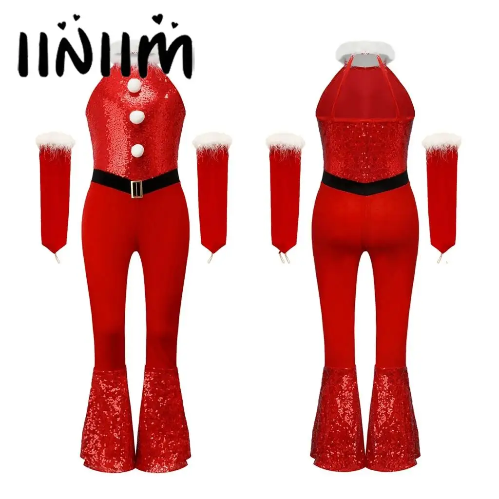 

Girl Jazz Latin Cheerleading Dancewear Christmas Costume New Year Holiday Party Performance Suit Sequins Jumpsuit with Sleeve