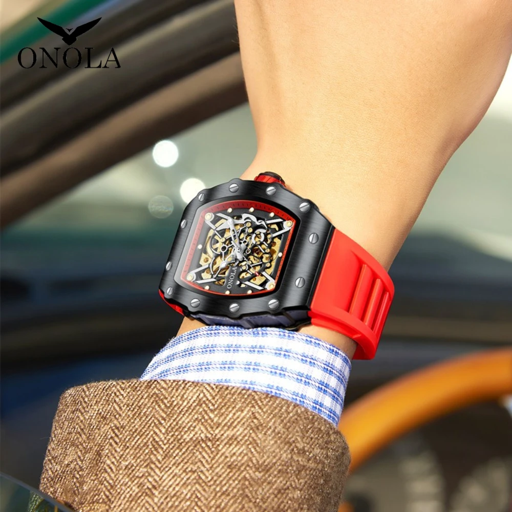 ONOLA Business Skeleton Automatic Mechanical Watch Men\'s Silicone Band Sports Waterproof Male Boy Gift Clock Relogio Masculino