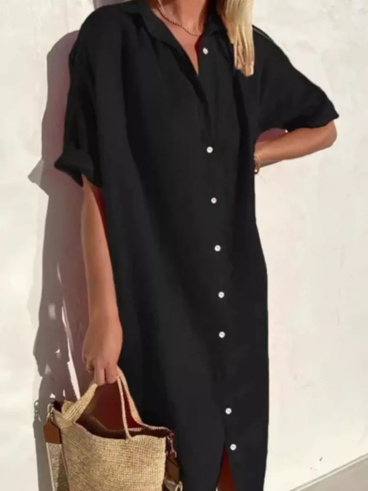 

Casual Solid Shirt Dress For Women Fashion Short Sleeve Turn-down Collar Button Loose Dresses Lady Holiday Womens Clothing New