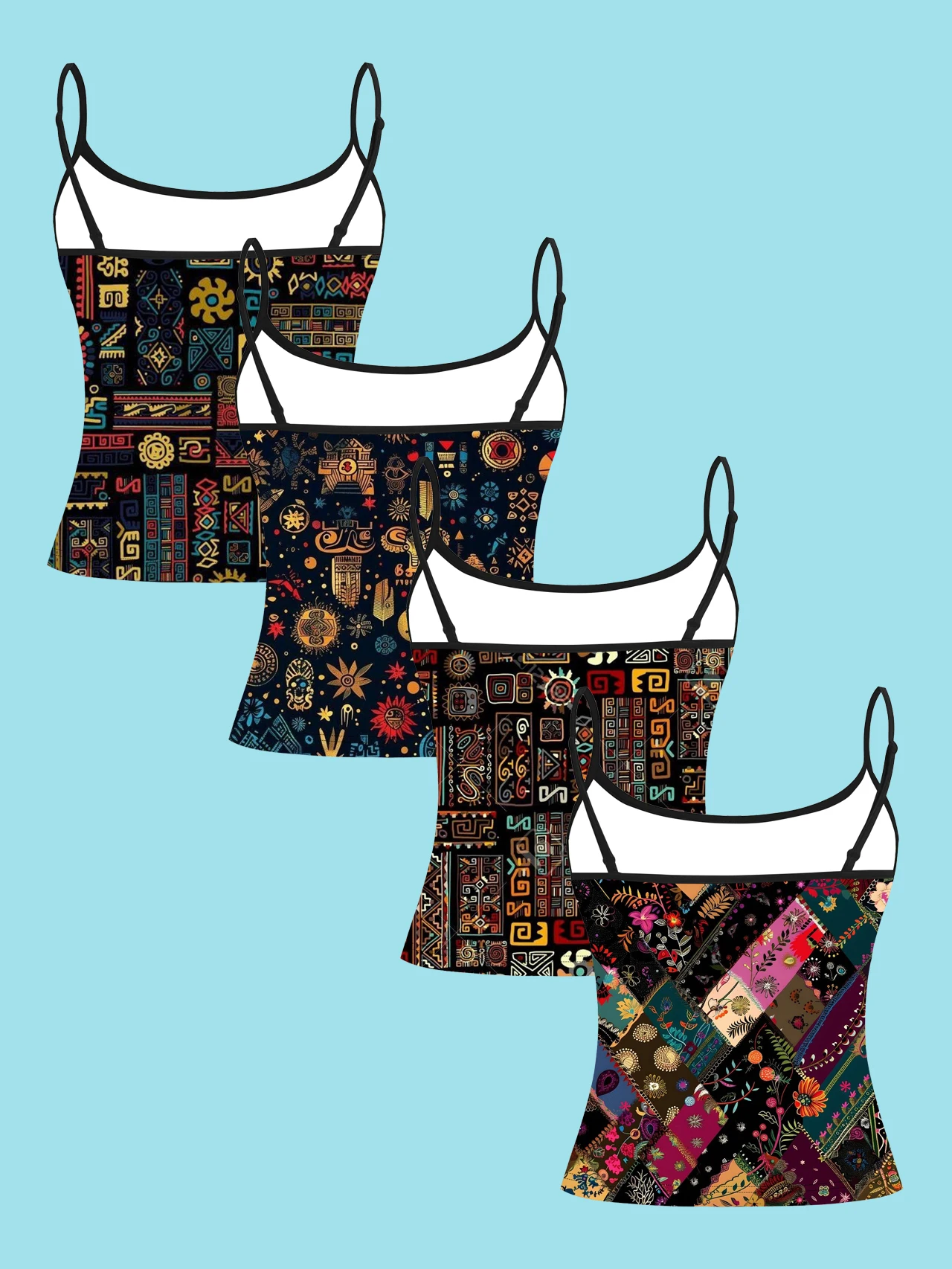 4-Piece Set of Women's Spaghetti Strap Camisoles with Mayan Tribal Ethnic Geometric Print, Slim-Fit Sleeveless Tops, Bohemian Style Outerwear and Inner Layering Shirts