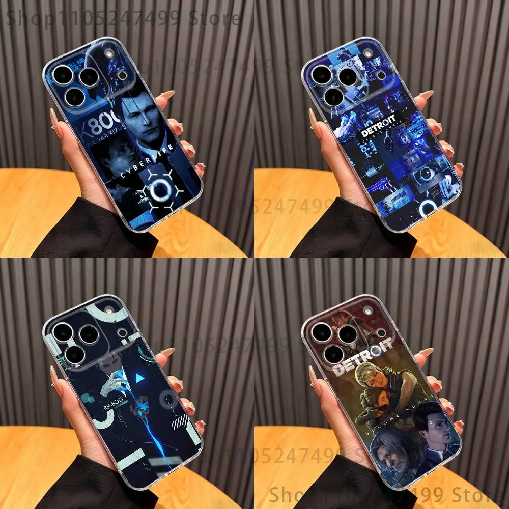 D-Detroit devenir h-humain coque de téléphone iPhone17 16 15 14 13 12 11 Pro Max Plus Mini couverture arrière complète transparente coque souple en Silicone