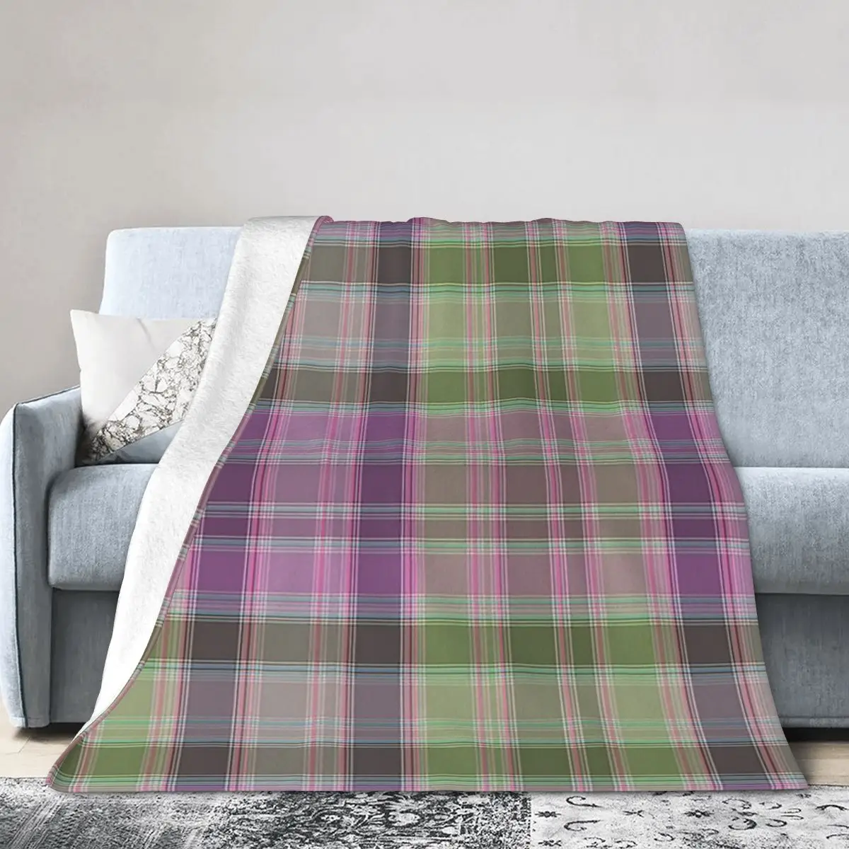 Green And Lilac Tartan Plaid Blanket Soft Warm Flannel Throw Blanket Bedspread for Bed Living room Picnic Travel Home Couch