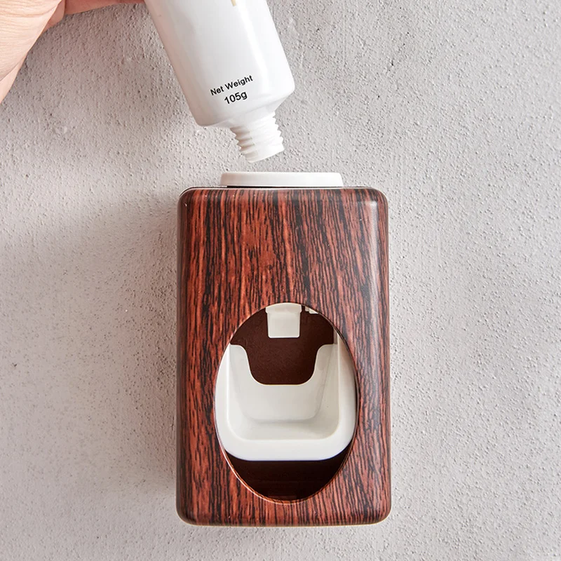 Wood Grain Wall-Mounted No-Punch Automatic Toothpaste Dispenser Toothpaste Frame Automatic Toothpaste Squeezer Household Tool