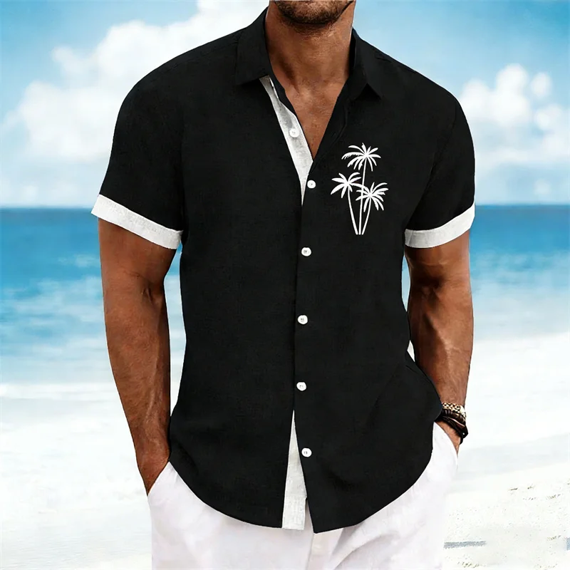 

Men's Summer Color-Blocked Short-Sleeve Shirt, Stylish Design, Coconut Tree Print, Beach Vacation Style, Casual Men's Top