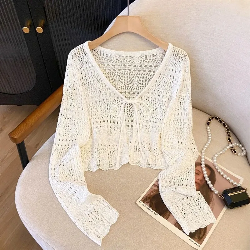 Outdoor Sunscreen Cropped Knit Cardigan Ladies Tie Front Hollow Crochet Shrug Breathable Beach Daily Casual Outerwear