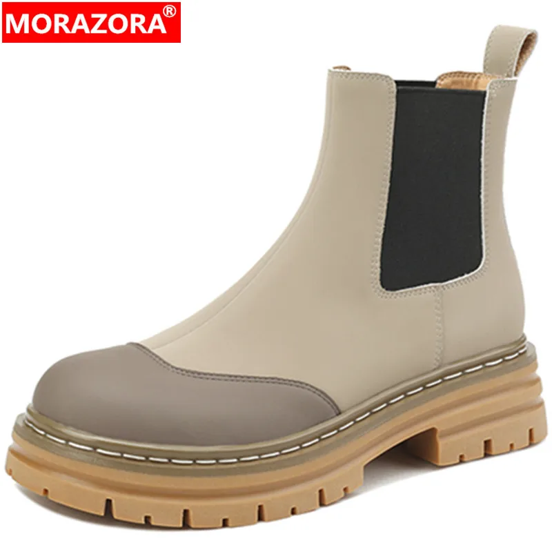 

MORAZORA 2024 New Winter Ankle Boots Mixed Colors Square Med Heels Platform Shoes Ladies Genuine Leather Chelsea Women Boots