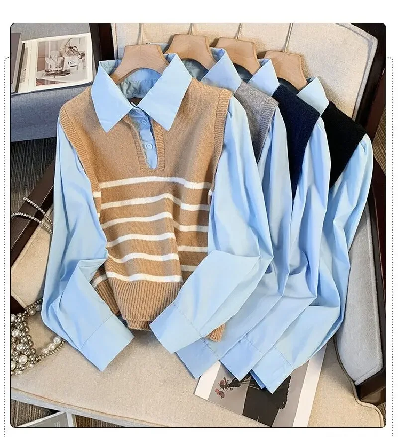 Kemeja Sweater Lengan Panjang Motif Patchwork Bergaris Gaya Korea Atasan Rajut Dua Potong Wanita Musim Gugur Musim Dingin Kasual Kerah Lipat