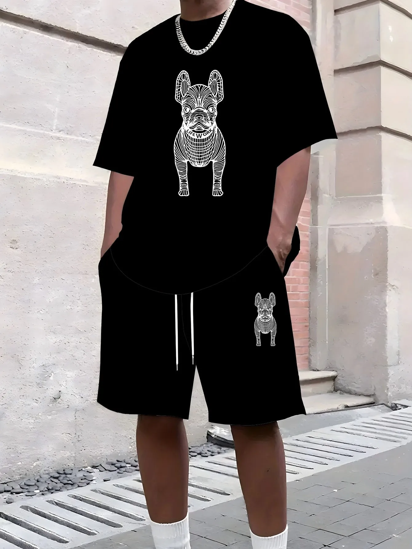 

Fashionable summer men's personalized puppy print breathable round neck T-shirt shorts set outdoor high street clothing