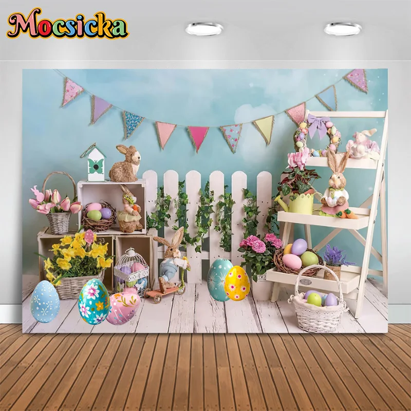 Mocsicka Spring Photography Background Easter Party Happy Birthday Wooden Door Egg Bunny Backdrop Kids Portrait Photo Banner