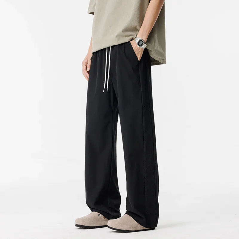 

LIBIELIY Summer American Men's Wide-leg Floor Trousers Trousers Casual Hong Kong Style Ice Silk Breathable Loose Straight Pants
