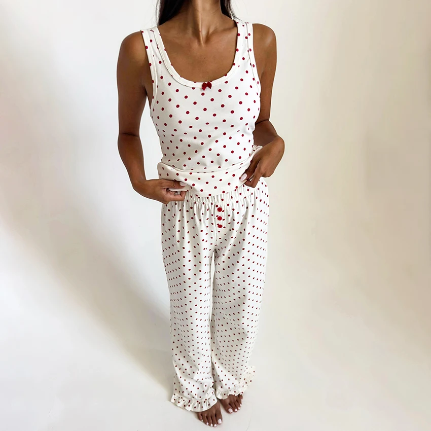 

HiLoc Home Polka Dot Trousers Sets Pajamas For Woman 2025 Casual Sleeveless Tank Top With Elastic Waist Pants 2 Piece Ruffles