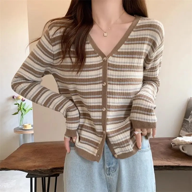 Women Clothing Korean Style Striped Knit Cardigan Spring Autumn New Casual All-match V-neck Long Sleeve Tops Thin Sweaters Coats