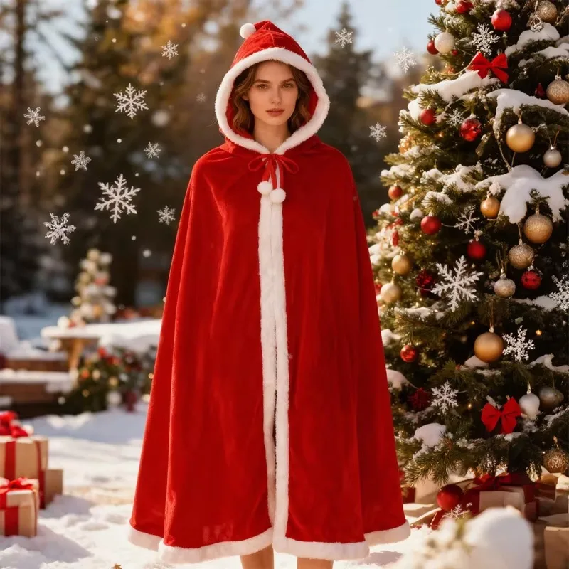 1-2 unidades: capa navideña con capucha, disfraz de lana de cordero roja con detalles blancos para mujer y hombre, ideal para fiestas y eventos navideños.