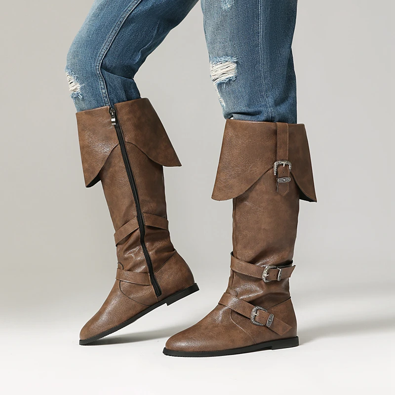 2025 Autumn Winter New Women's Knight Boots Foreign Trade British Style Flat Bottom Turnover Zipper Long Tube Boots Large Size