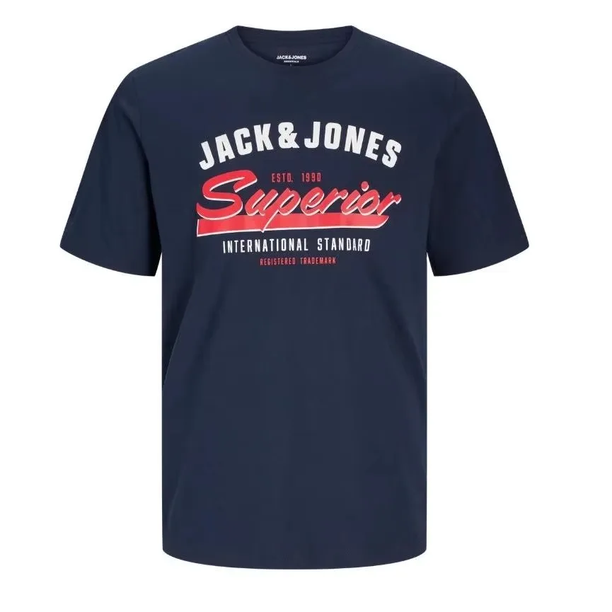 Men's Jack & Jones Letter Print Short Sleeve T-Shirt, Casual Crew Neck Tees, Summer Soft Cotton Tops, Daily Wear Basic Streetwea