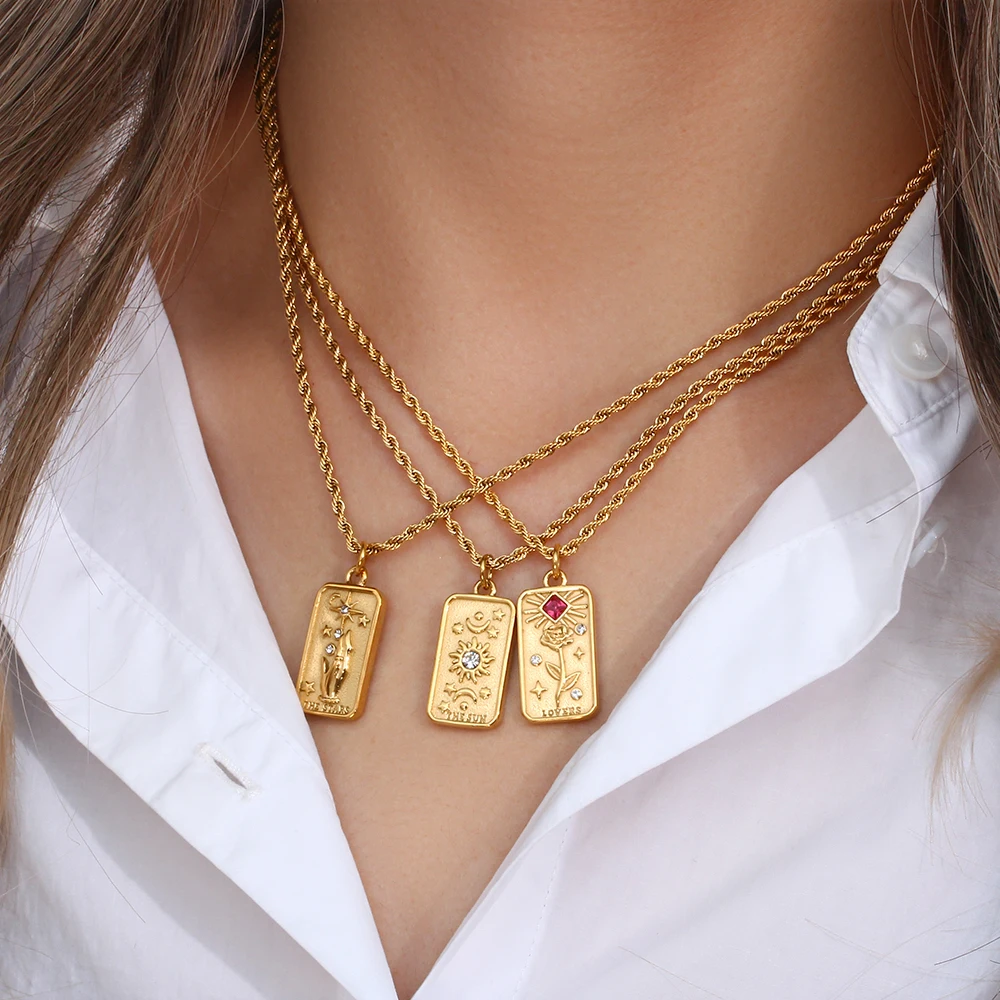 2023 Nieuwe Roestvrij Staal Aanslag Gratis Sieraden Tarot Ketting Star Moon Rose Sun Design Gouden Hanger Kettingen Voor Vrouwen