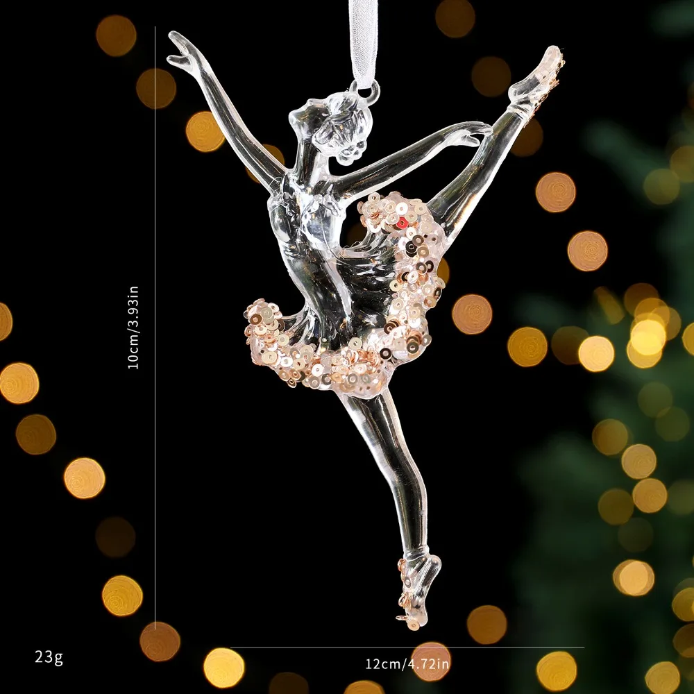 

Sparkling Snowflake Ice Strip Pendants Ballet Girl Transparent Acrylic Christmas Tree Ornaments Elegant Gold Sequin