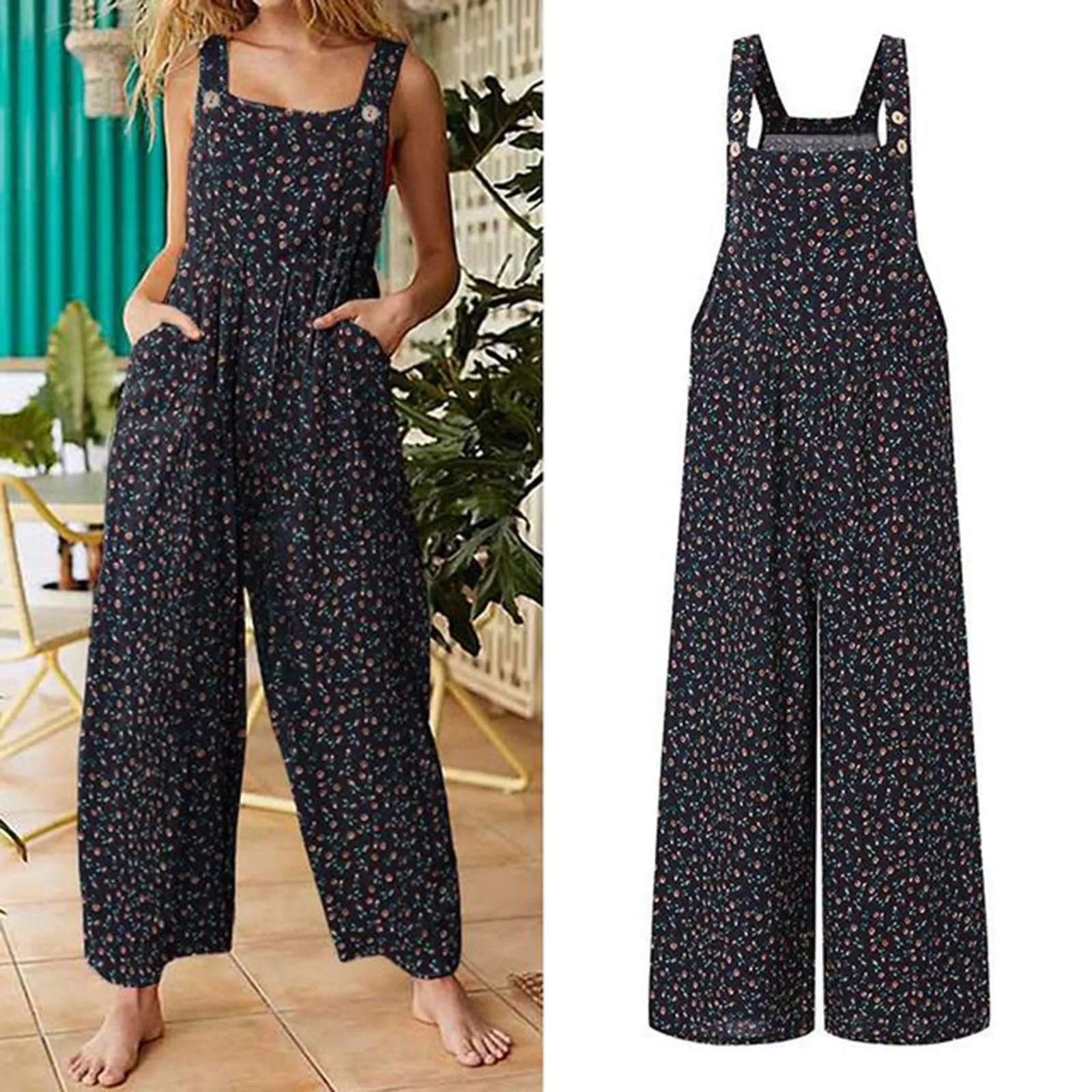 Summer New Women Casual Loose Flower Print Jumpsuits Women\'s Overalls Boho Sleeveless Square Collar Jumpsuits Rompers