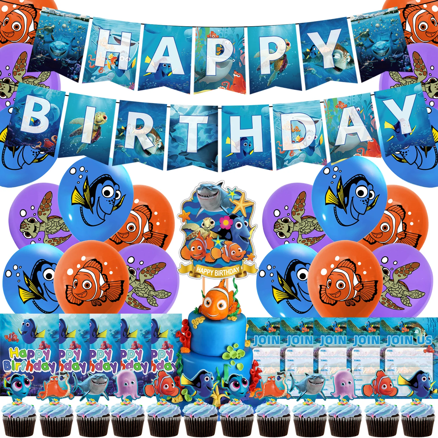 

Finding Nemo Theme Birthday Party Decorations Card CakeTopper Balloons Happy Birthday Banners Stickers Kids Party Supplies Decor