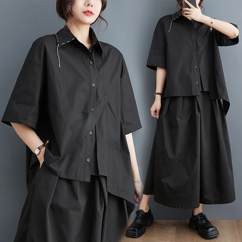 2024 New Japanese Yamamoto Dark Style Chic Girl's Asymmetric Black Summer Blouse Shirts Street Fashion Women Casual Blouse