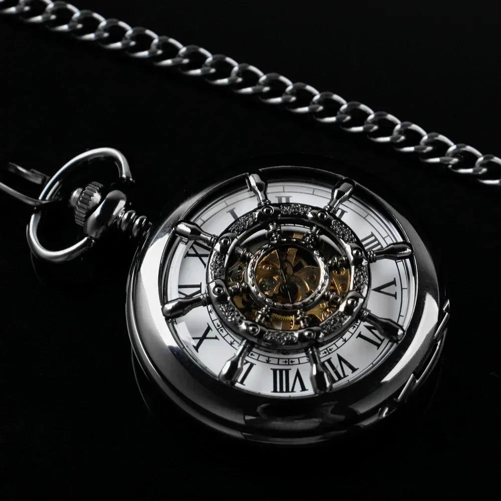 

NEW Vintage Rudder Hollowed-Out Mechanical Manual Pocket Watch Gold Roman Digital Skull Dial Pendant Automatic Antique Clock