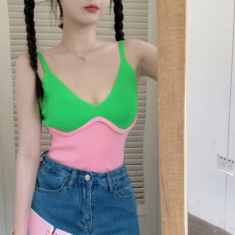  Women Crop Tops Summer V-neck Slim Knit Vest Slings Sleeveless Color-blocked Camisole Sexy Elegant Streetwear Ladies Vests