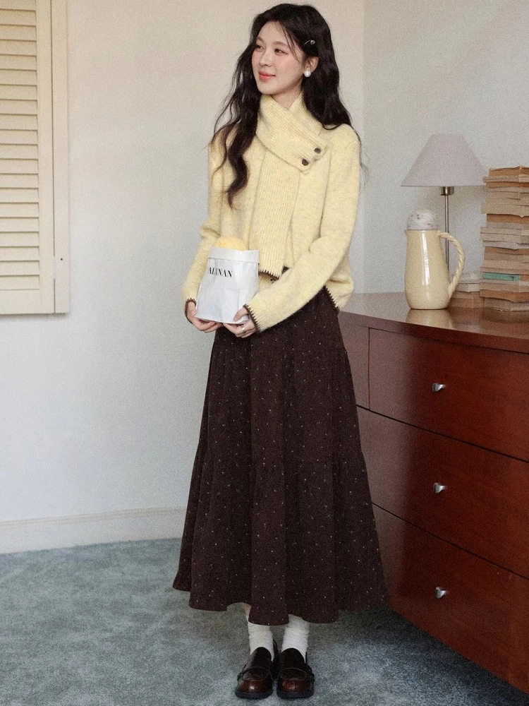 ALXNAN Vintage Spódnice w Grochy z Elastyczną Gumką w Pasie, Luźne Spódnice w Kształcie Litery A, Modne Spódnice Warstwowe, Kolekcja Jesień Zima 2025, Odzież Damska L59505