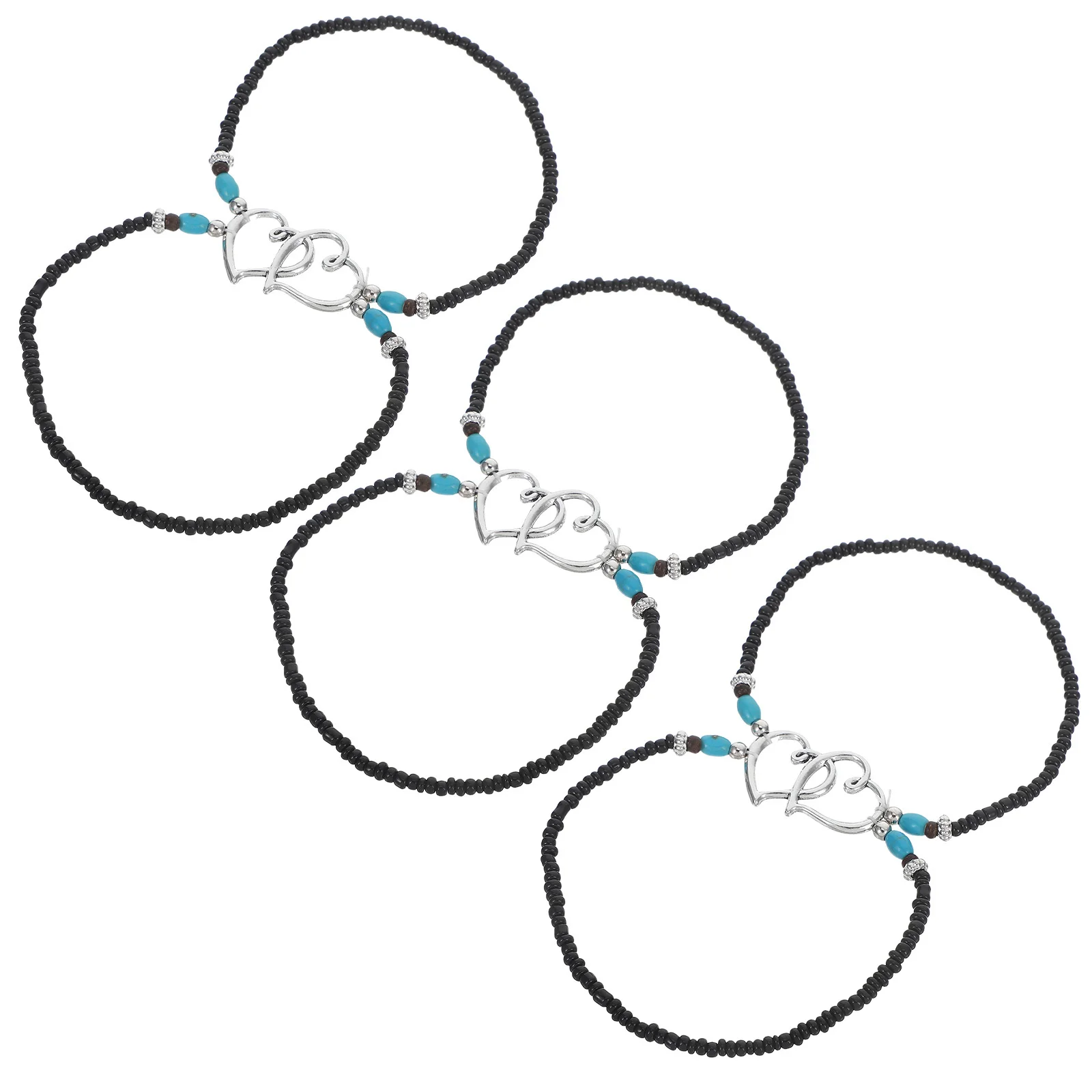

3Pcs Double Layered Ankle Chains Heart Charm Beaded Anklets Lightweight Adjustable Plastic Summer Beach Jewelry