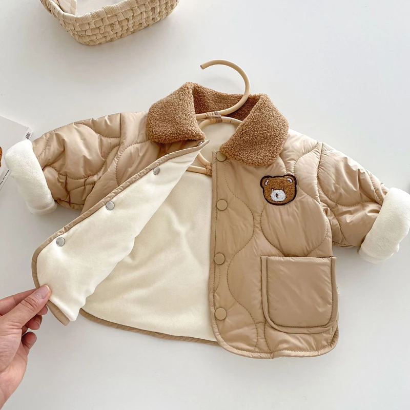 Autumn Winter Baby Boys Jacket Solid Color Cartoon Bear Print Lining Plush Thick Warm Single Breasted Cotton Outerwear For 1-5Y