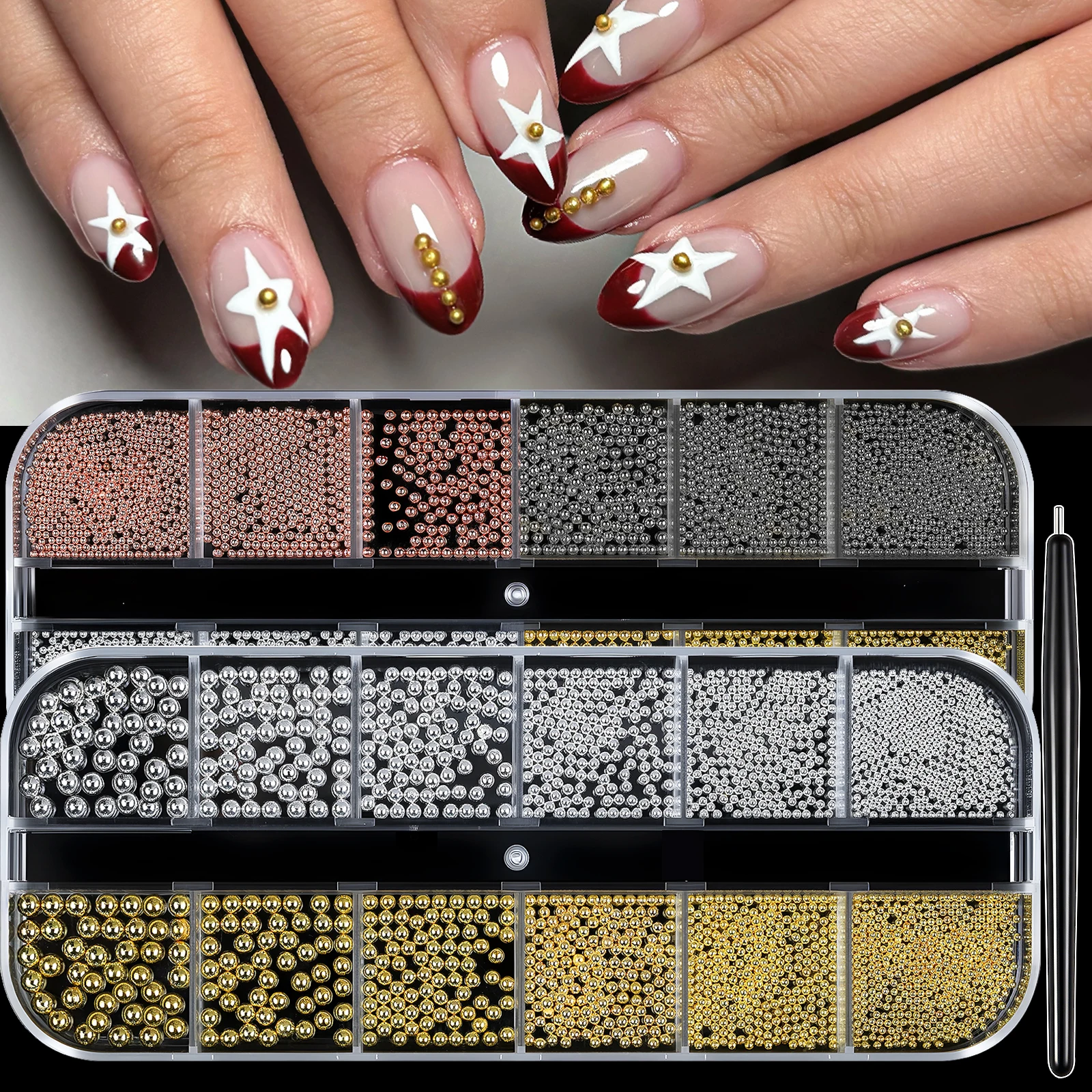 12 Gitter Gold/Silber Mini-Kaviar-Perlen Nagelkunst-Dekorationen Metall-Mikro-Kugeln Nagel-Charms mit Magnetstift 3D Mini-Kaviar-Nägel