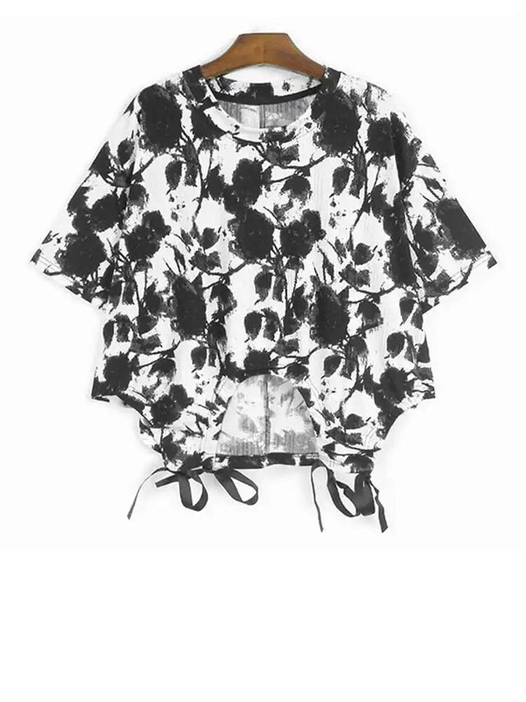 

Women Black Wave Drawstring Irregular Big Size T-shirt New Round Neck Short Sleeve Fashion Tide Spring Summer