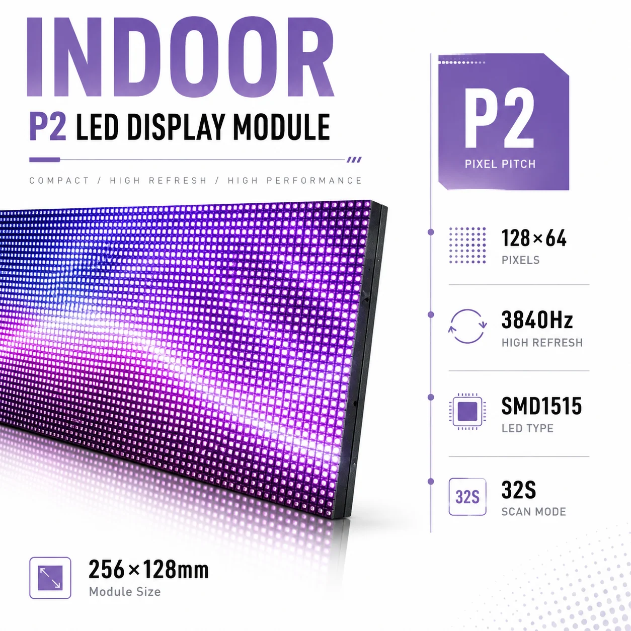 Indoor P2 Full Color LED Screen Module 256x128mm 1/32Scan LED Display 128*64 Pixels for LED Video Wall