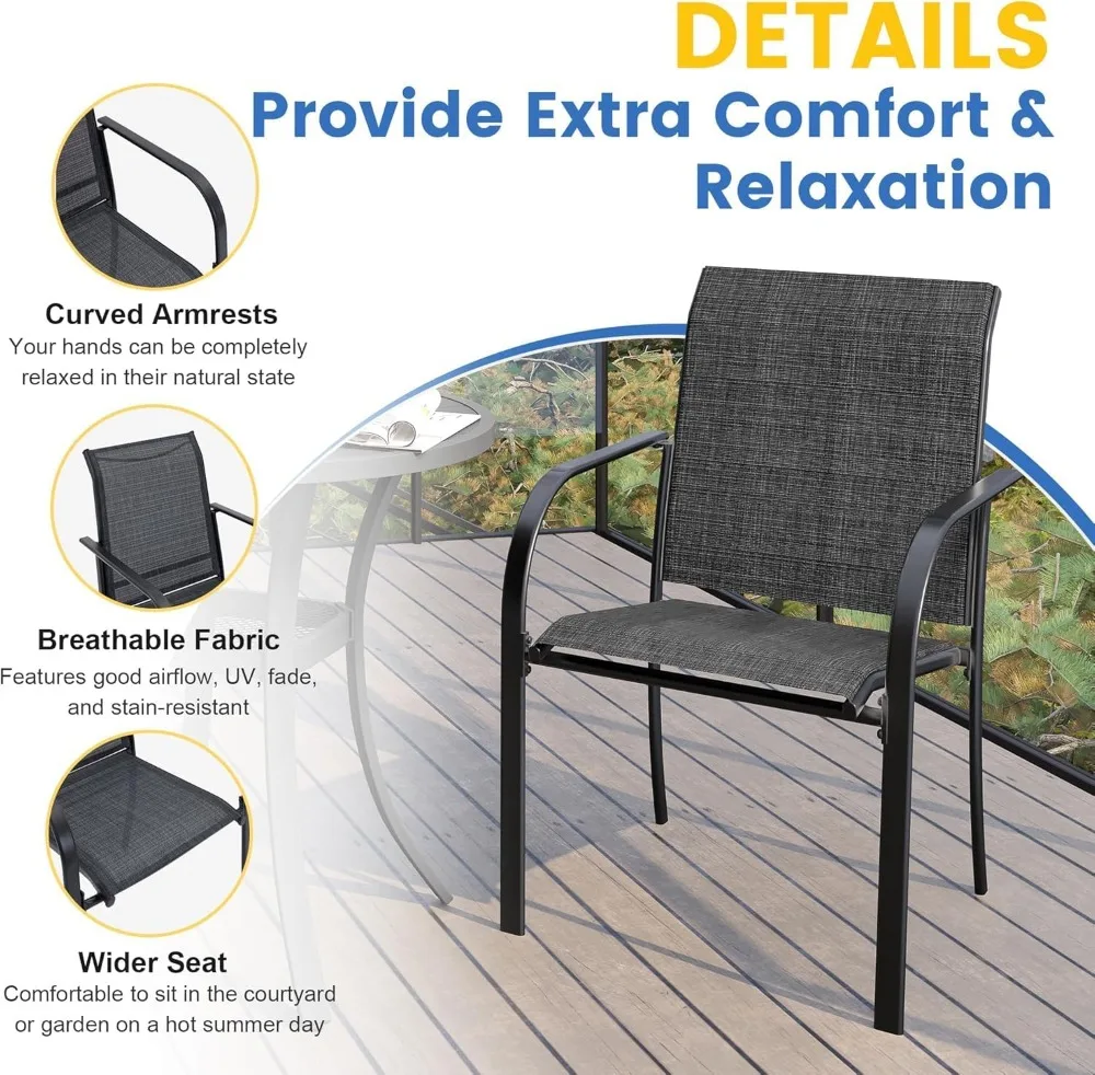Factory Direct 2026 5-Piece Outdoor Patio Dining Set for 4 with Round Table & Stackable Chairs, Grey Wood Grain Finish
