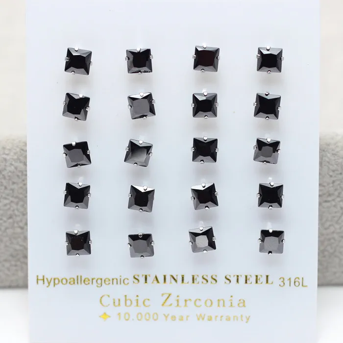 LUXUSTEEL 10Pairs/Card Earrings for Women Men Black Square Cubic Zirconia Stud Earrings Brinco Mujer Party Wholesale Jewelry