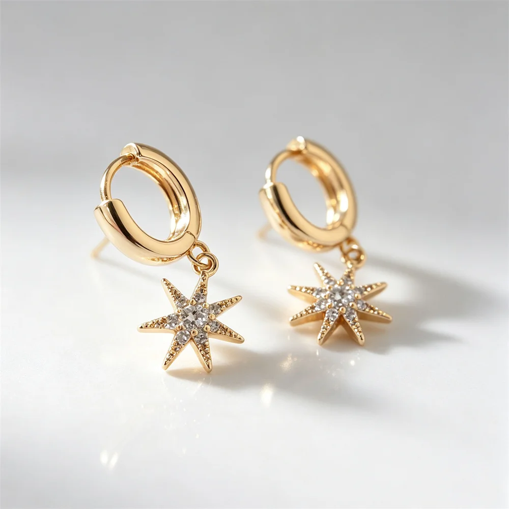 Delicate Gold Color Plating Clear Zircon Paving Star Charm Hoop Earrings For Women Girl Cute Romantic Fashion Jewelry Gift