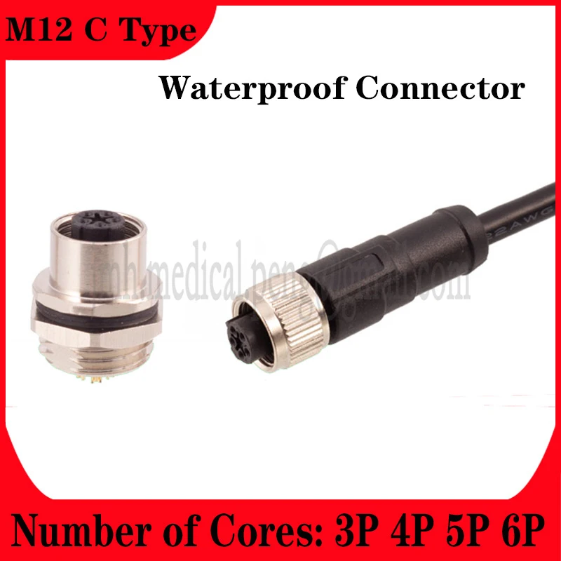 M12 Connector Type C Coding Waterproof IP67 Core Number 3P 4P 5P 6P Mounting Plug Butt Socket Pin  Pass Plate Front And Rear