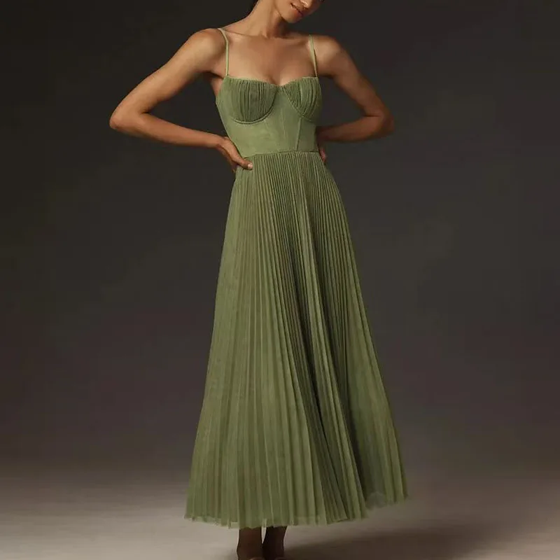 Vestido largo sexi sin tirantes con corte en A, novedad de primavera y verano, vestidos plisados lisos, vestido informal sin mangas con espalda descubierta y cremallera para mujer