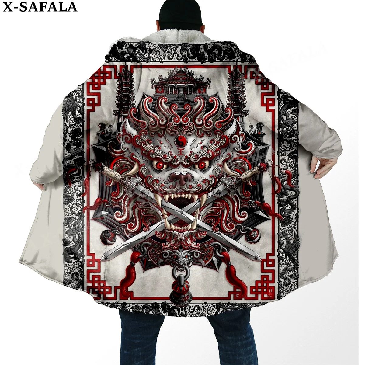 Throw Sword Lion The Eight Diagrams Print Thick Warm Hooded Cloak Men Overcoat Coat Windproof Fleece Cape Robe Hooded Blanket-4