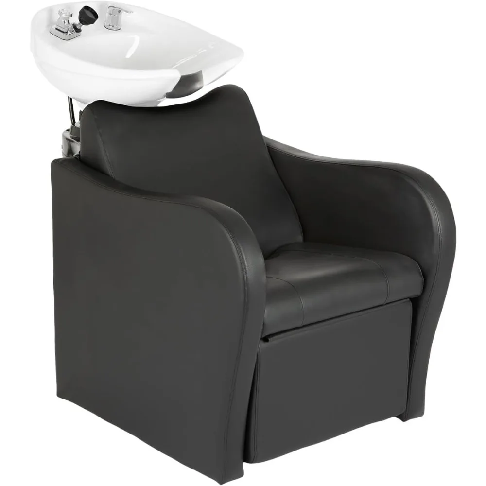 Backwash Unit - Salon Shampoo Chair & Tilting Porcelain Shampoo Bowl,Style Single Handle Faucet,Extra Wide Seat and Out Leg Rest