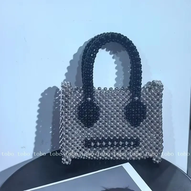 

Niche Designer Square Tote Bags Sliver Handle Bead Woven Ladies Bag Handmade Vintage Women's Handbag Casual Makeup Bag