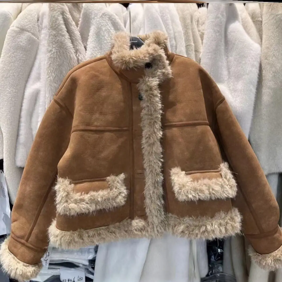 양털 테이니드 윈터 자켓 2025 신상 모터사이클 슬레 이너 페이스 따뜻한 울 싱글 피스 루즈핏 롱 슬리브