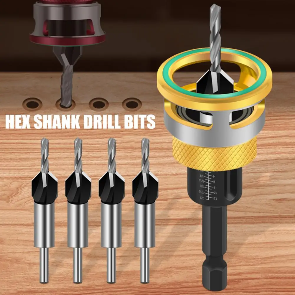 Countersink Drill Bit Set Adjustable Depth Stop Drill Bits Adjustable Hex Wrench Spiral Flute HSS M2 Steel 4-Edge Drill Bits